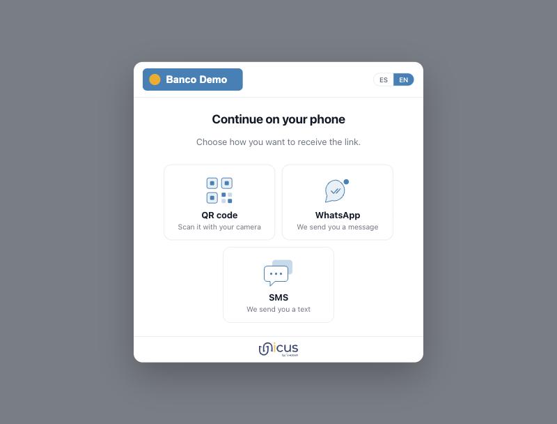 Opciones de traspaso en un computador: código QR, WhatsApp y SMS